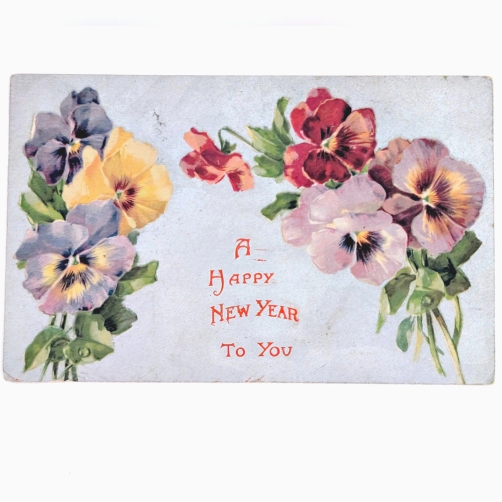 A Happy New Year to You Pansy Bouquet Embossed Postcard 1908